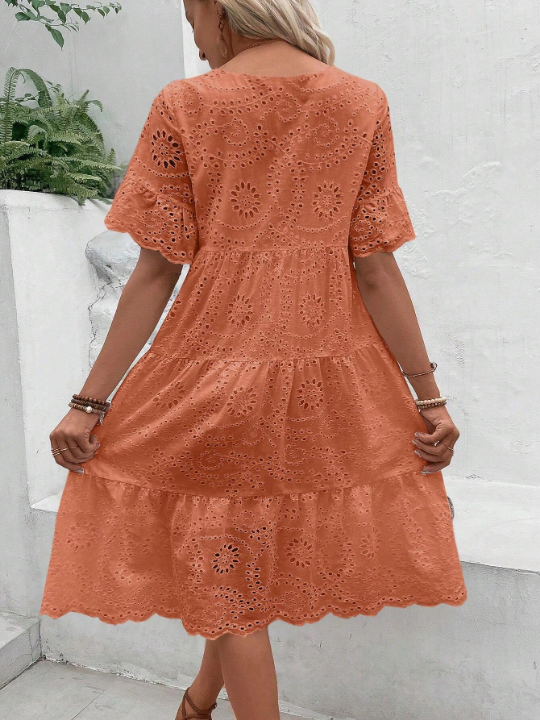 VCAY Eyelet Embroidery Ruffle Hem Smock Dress