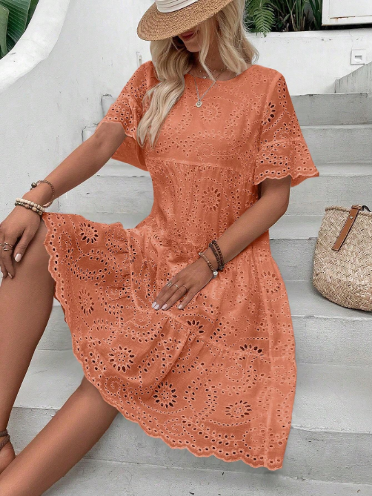 VCAY Eyelet Embroidery Ruffle Hem Smock Dress