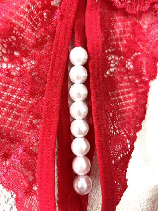 Sexy High Elasticity Pearl Detail Thongs Underwear For Women, Sheer Lace Temptation T-pants With Open Crotch