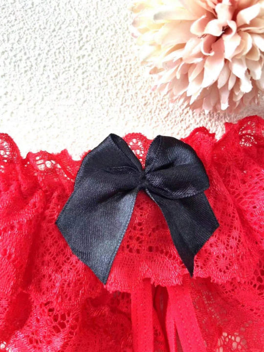 Sexy High Elasticity Pearl Detail Thongs Underwear For Women, Sheer Lace Temptation T-pants With Open Crotch