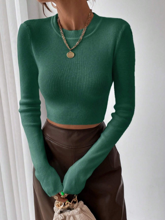 Frenchy Solid Ribbed Knit Crop Sweater