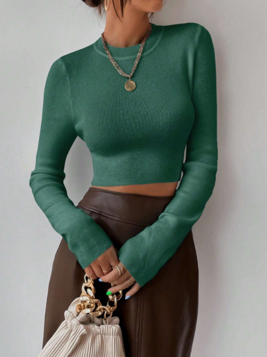 Frenchy Solid Ribbed Knit Crop Sweater