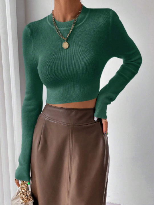 Frenchy Solid Ribbed Knit Crop Sweater