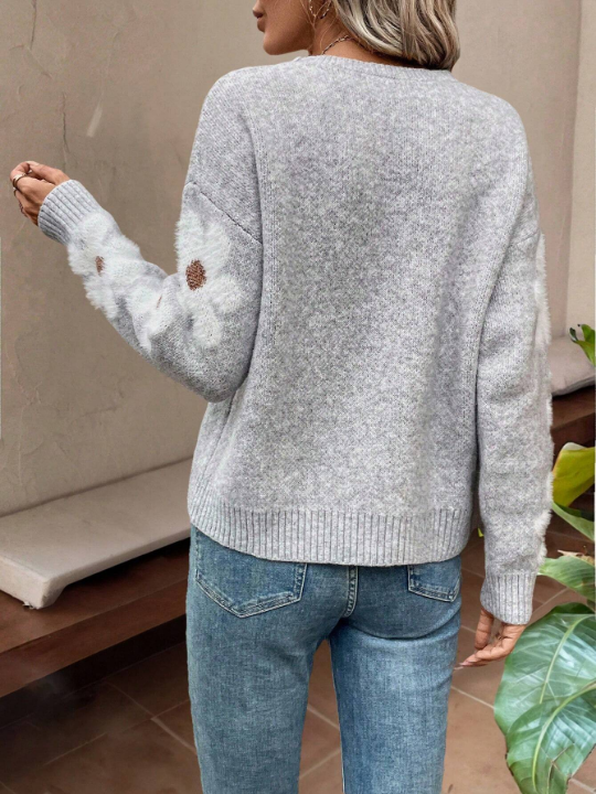 Essnce Floral Pattern Drop Shoulder Sweater