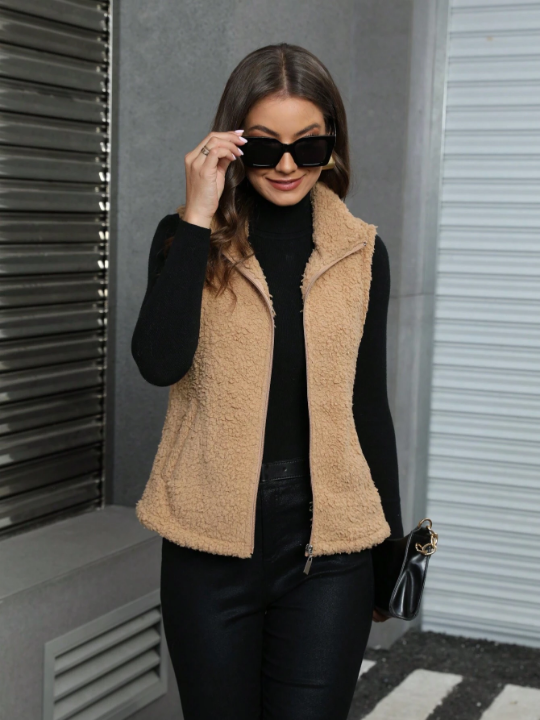 1pc Zip Up Teddy Vest Jacket