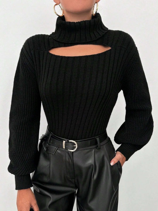 Cut Out Turtleneck Lantern Sleeve Sweater