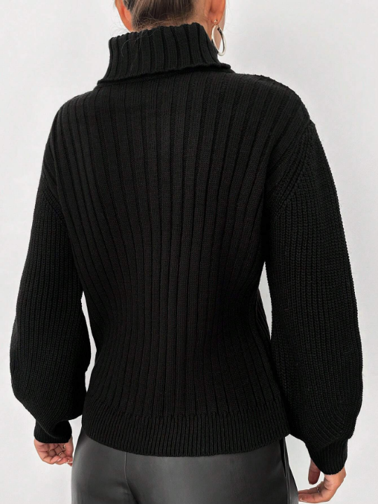 Cut Out Turtleneck Lantern Sleeve Sweater