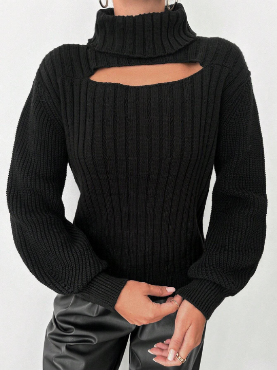 Cut Out Turtleneck Lantern Sleeve Sweater