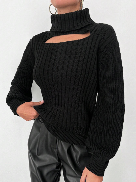 Cut Out Turtleneck Lantern Sleeve Sweater