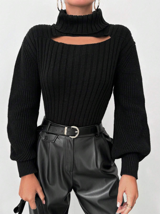 Cut Out Turtleneck Lantern Sleeve Sweater