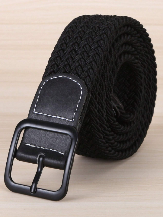 1pc Men's Black Elastic Square Buckle Belt, Perfect For Outdoor Activities, Woven Belt