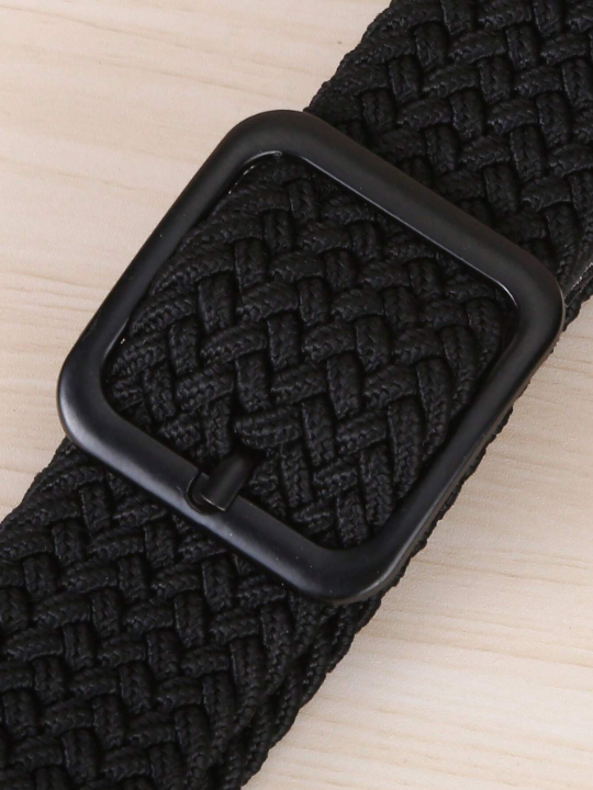 1pc Men's Black Elastic Square Buckle Belt, Perfect For Outdoor Activities, Woven Belt