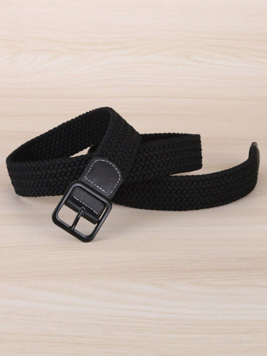 1pc Men's Black Elastic Square Buckle Belt, Perfect For Outdoor Activities, Woven Belt