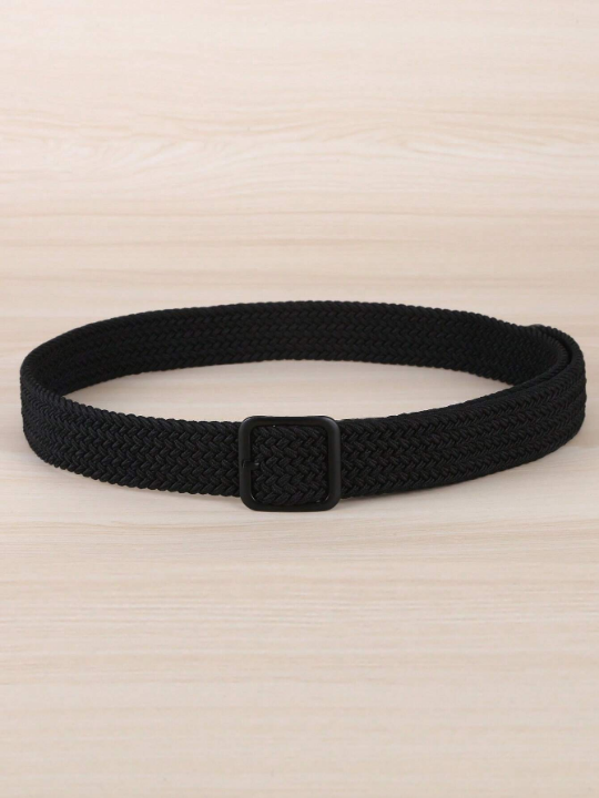 1pc Men's Black Elastic Square Buckle Belt, Perfect For Outdoor Activities, Woven Belt