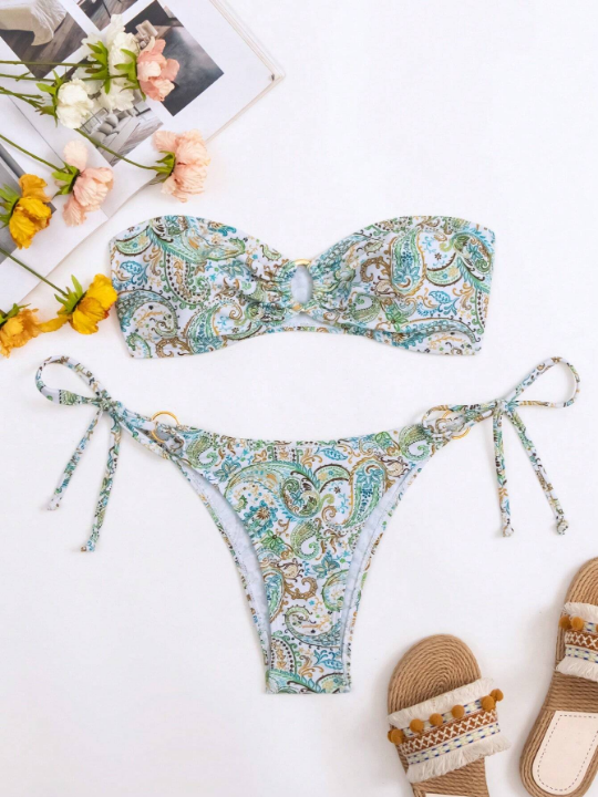 Swim BohoFeel Paisley Print Ring Linked Bandeau Bikini Swimsuit