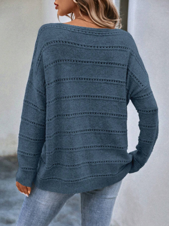 LUNE Solid Drop Shoulder Pointelle Knit Sweater