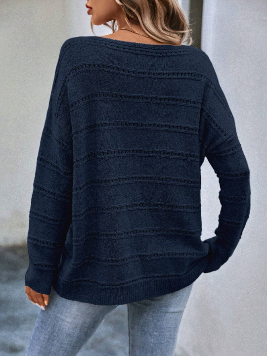 LUNE Solid Drop Shoulder Pointelle Knit Sweater