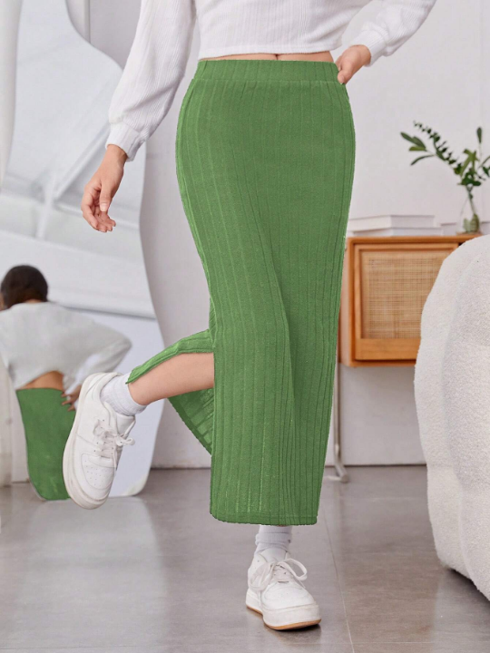 Teen Girl Split Hem Ribbed Knit Skirt