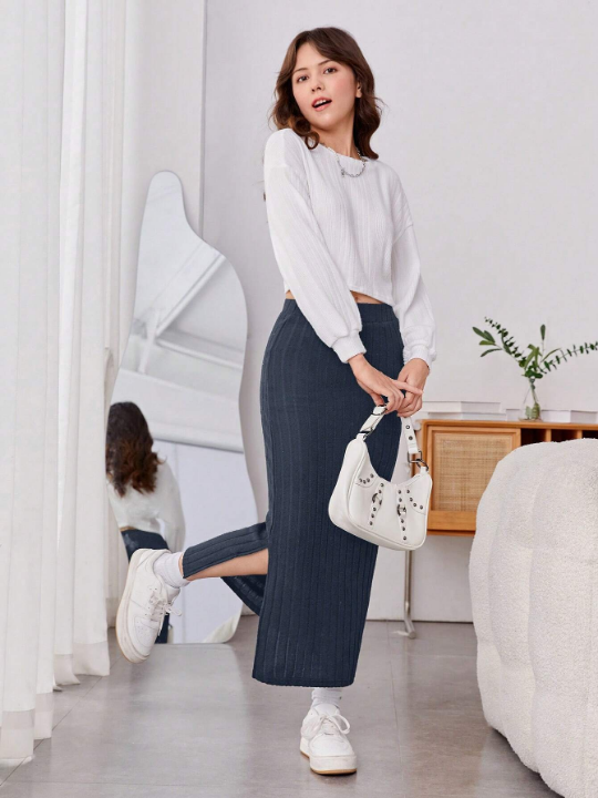 Teen Girl Split Hem Ribbed Knit Skirt