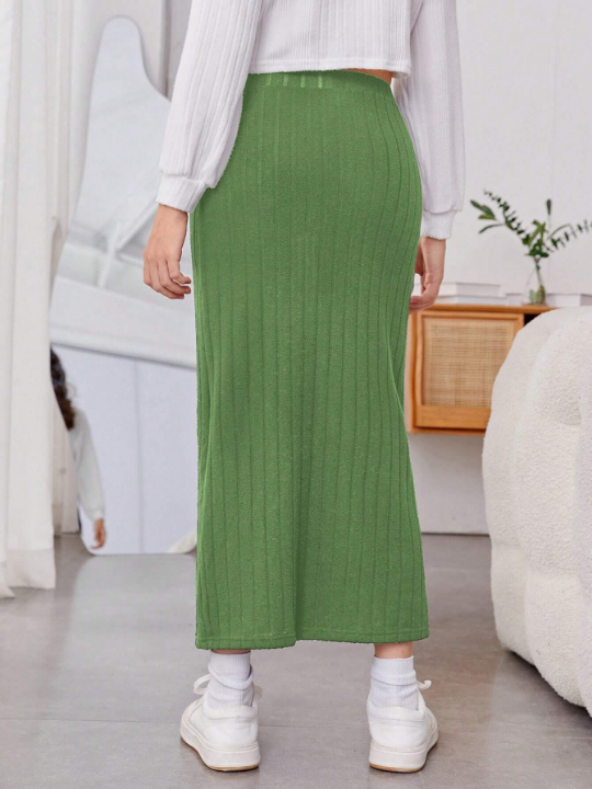 Teen Girl Split Hem Ribbed Knit Skirt