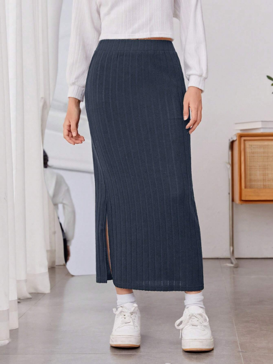 Teen Girl Split Hem Ribbed Knit Skirt