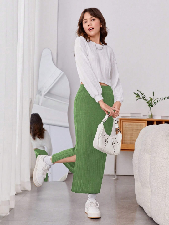 Teen Girl Split Hem Ribbed Knit Skirt