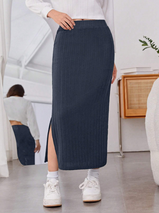 Teen Girl Split Hem Ribbed Knit Skirt