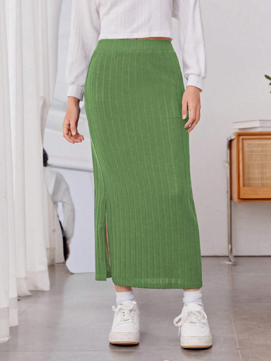 Teen Girl Split Hem Ribbed Knit Skirt