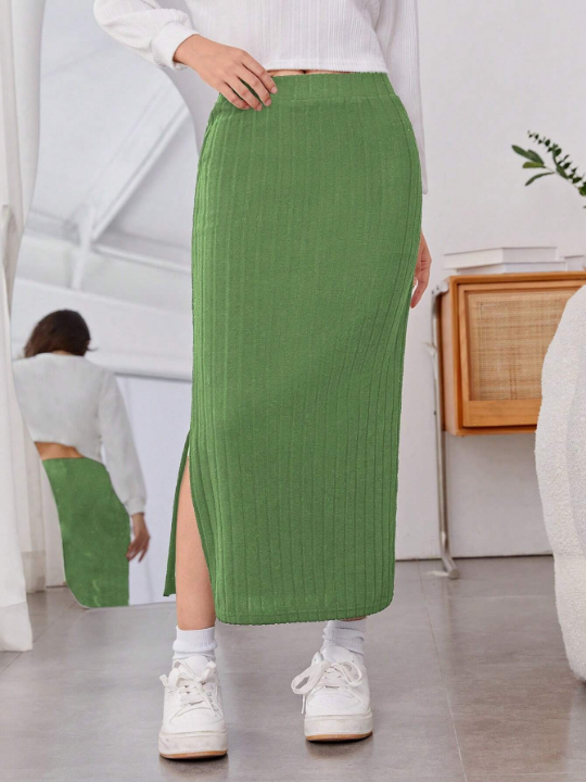 Teen Girl Split Hem Ribbed Knit Skirt