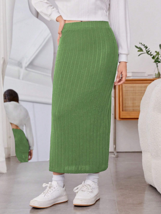 Teen Girl Split Hem Ribbed Knit Skirt