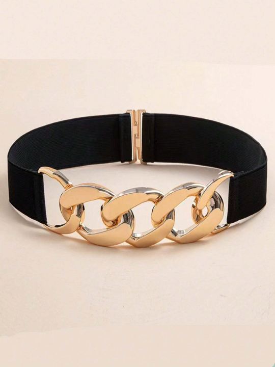 1pc Women's Simple Metal Chain Buckle Elastic Waist Belt For Dresses, Trousers, Casual Wear