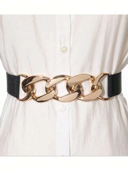 1pc Women's Simple Metal Chain Buckle Elastic Waist Belt For Dresses, Trousers, Casual Wear