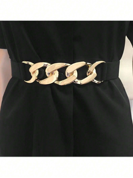 1pc Women's Simple Metal Chain Buckle Elastic Waist Belt For Dresses, Trousers, Casual Wear