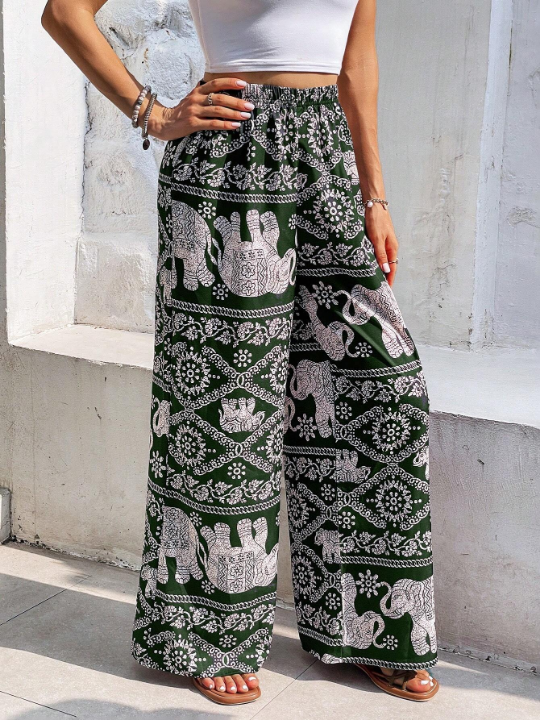 Frenchy Elephant Print Wide Leg Pants