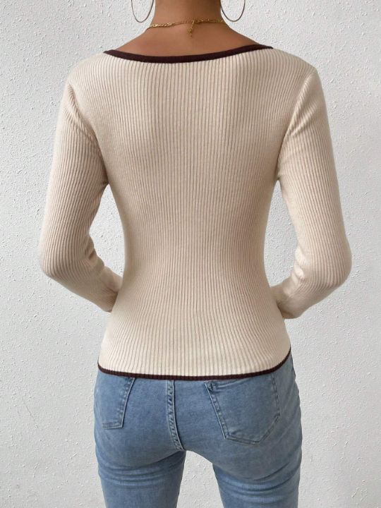 Essnce Contrast Binding Sweetheart Neck Ribbed Knit Sweater