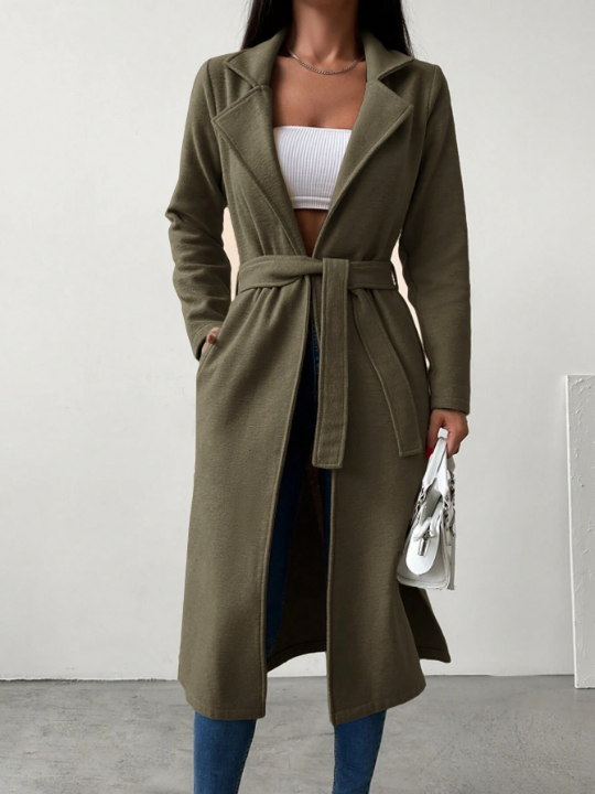 Lapel Neck Belted Longline Coat