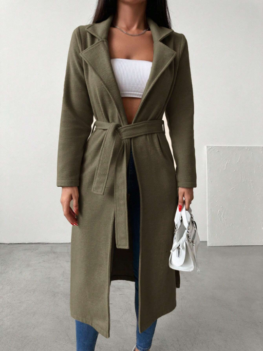 Lapel Neck Belted Longline Coat