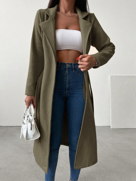 Lapel Neck Belted Longline Coat