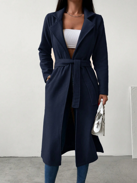 Lapel Neck Belted Longline Coat