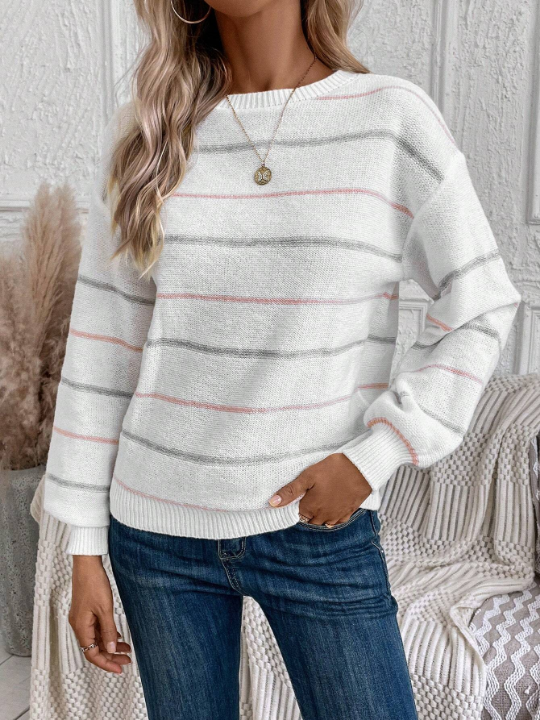 LUNE Women's Tightened Cuff Contrast Fine Striped Casual Sweater With Round Neckline For Autumn And Winter