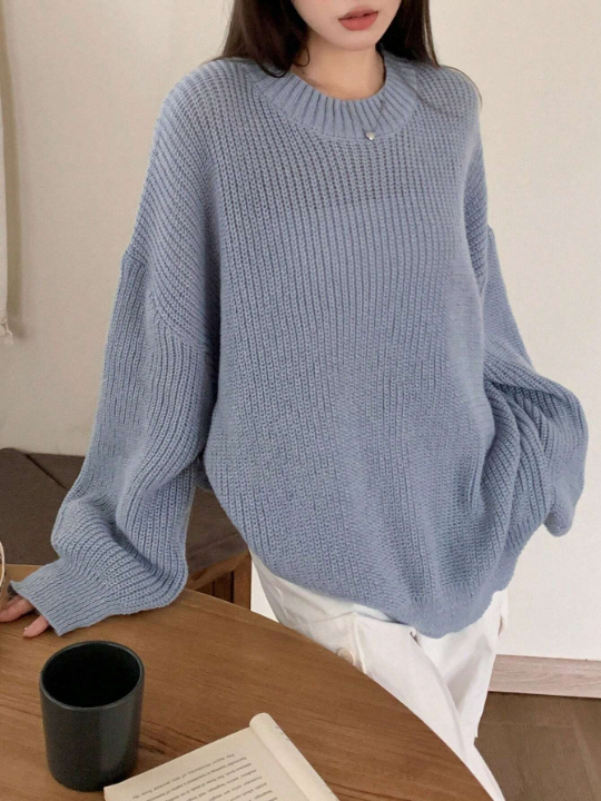 DAZY Solid Drop Shoulder Ribbed Knit Sweater