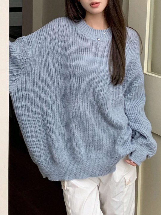 DAZY Solid Drop Shoulder Ribbed Knit Sweater