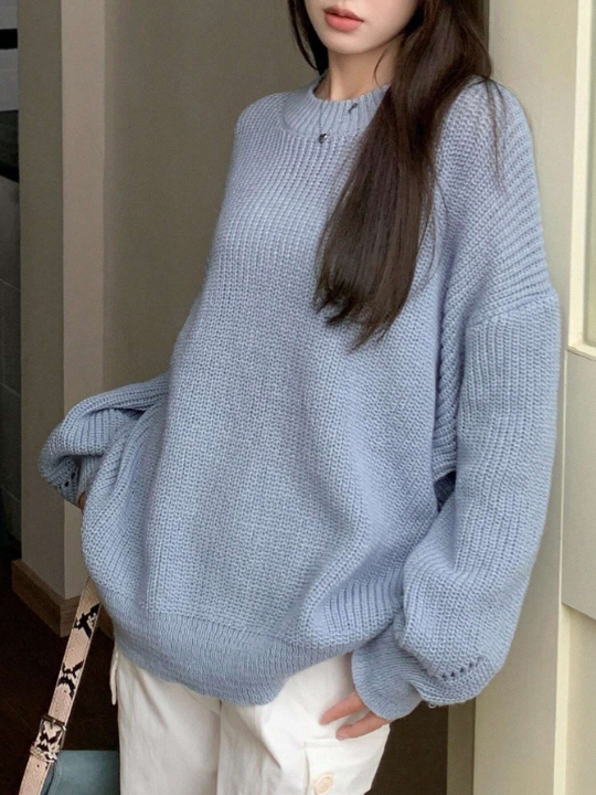 DAZY Solid Drop Shoulder Ribbed Knit Sweater