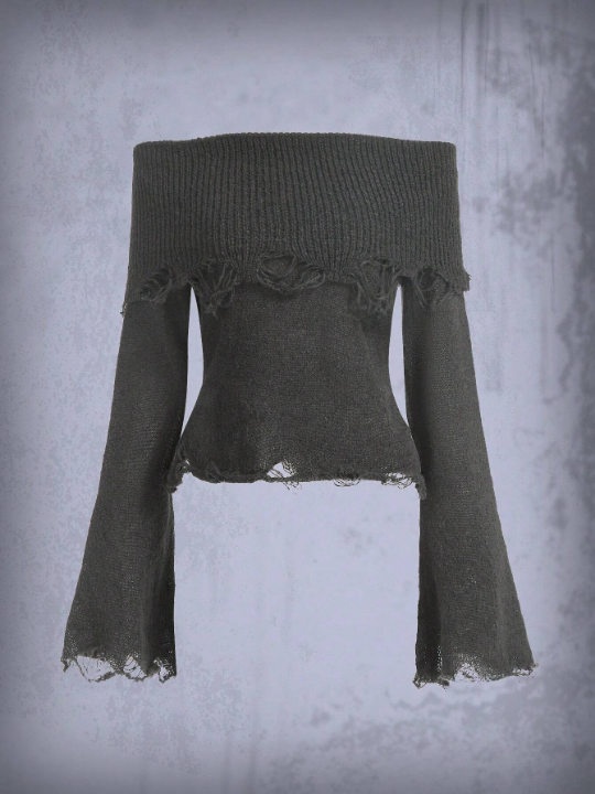 ROMWE Goth Off Shoulder Distressed Sweater