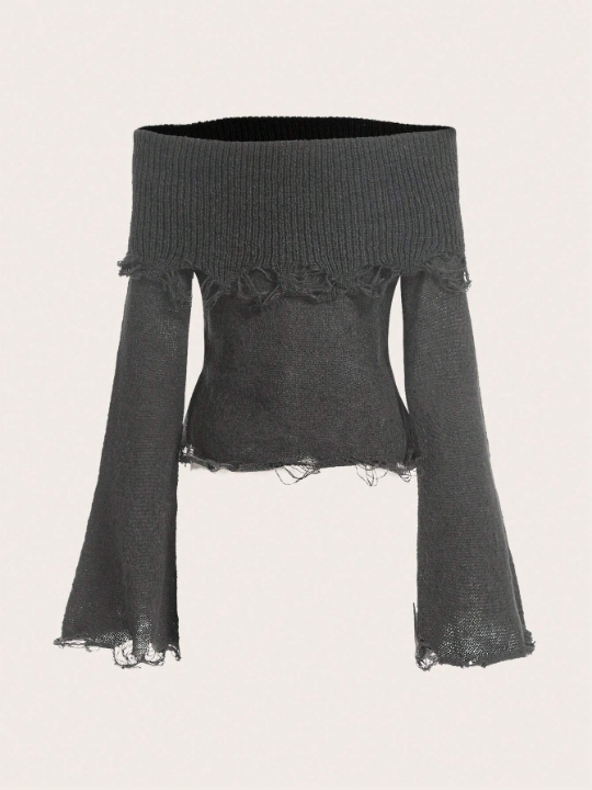 ROMWE Goth Off Shoulder Distressed Sweater