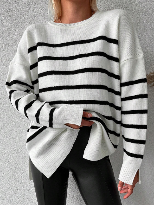 Striped Pattern Drop Shoulder Sweater