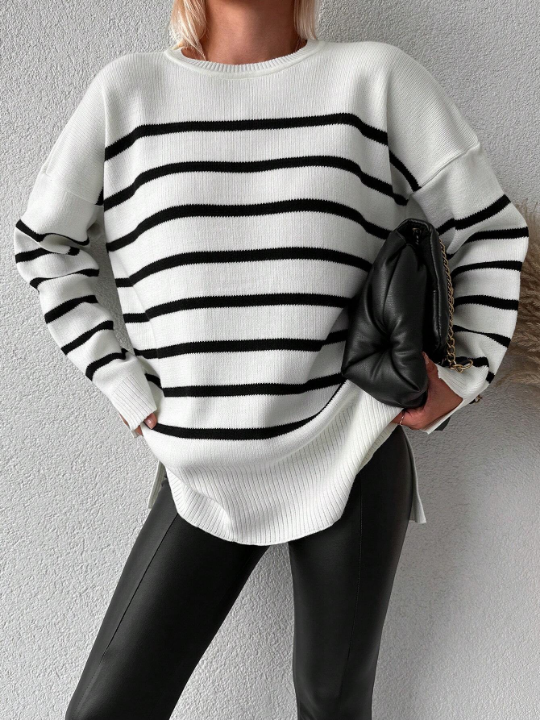 Striped Pattern Drop Shoulder Sweater