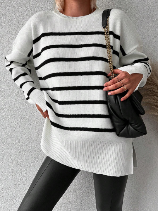 Striped Pattern Drop Shoulder Sweater