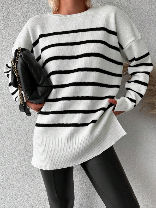 Striped Pattern Drop Shoulder Sweater