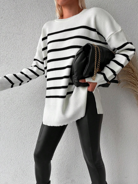 Striped Pattern Drop Shoulder Sweater